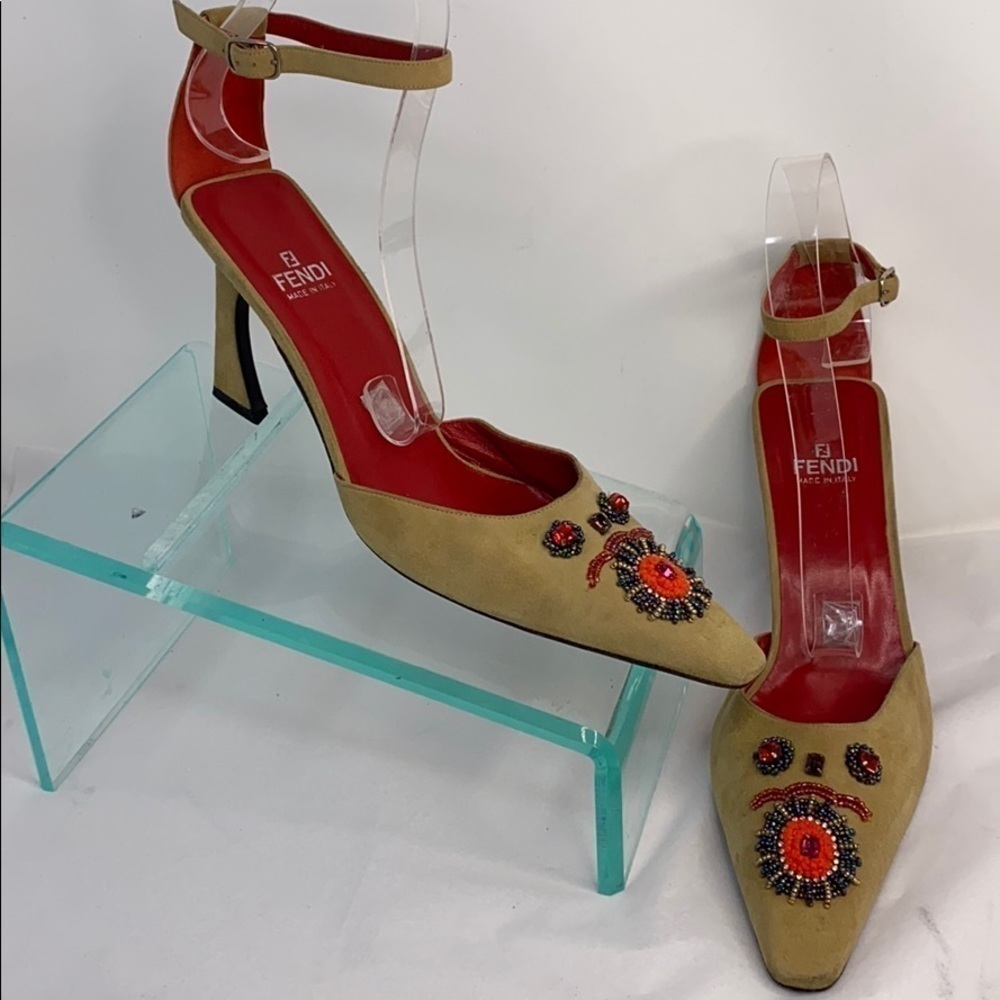 Fendi Sz 9.5M Beige Suede Beaded Ankle Strap Heels